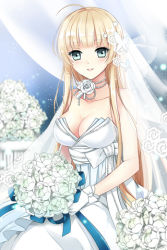 Rule 34 | 1girl, ahoge, bare shoulders, blonde hair, blunt bangs, blush, bouquet, bow, breasts, cleavage, collarbone, dress, flower, gloves, green eyes, grin, helena k sink, helena k sync, holding, jewelry, large breasts, long hair, lowres, mca, mca (dessert candy), necklace, open mouth, ribbon, rose, sitting, smile, solo, strapless, sword girls, veil, very long hair, wedding dress