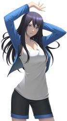 Rule 34 | 1girl, absurdres, arms up, black hair, black shorts, blue eyes, blue jacket, breasts, cleavage, collarbone, cowboy shot, floating hair, hair between eyes, highres, jacket, large breasts, long hair, long sleeves, looking at viewer, open clothes, open jacket, original, parted lips, shirt, shorts, simple background, sleeveless, sleeveless shirt, solo, standing, sthreep, straight hair, very long hair, white background, white shirt