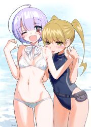 Rule 34 | 2girls, :d, :p, absurdres, akanbe, bikini, blonde hair, blue one-piece swimsuit, blush stickers, bow, bowtie, breasts, eyelid pull, fang, fanny pack, feet out of frame, hand up, highleg, highleg swimsuit, highres, holding hands, looking at viewer, medium hair, midriff, multiple girls, navel, one-piece swimsuit, one eye closed, open mouth, original, oyasumi guu guu, purple hair, red eyes, short hair, signature, small breasts, smile, swimsuit, tongue, tongue out, twintails, white bikini, white bow, white bowtie, yellow eyes