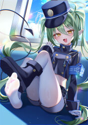 Rule 34 | 1girl, absurdres, black hat, black jacket, black shorts, blue archive, blush, buttons, chierishu, double-breasted, earrings, fang, gloves, green hair, green halo, hair between eyes, halo, hat, nozomi (blue archive), highres, jacket, jewelry, long hair, long sleeves, open mouth, pantyhose, peaked cap, shorts, single earring, sitting, skin fang, smile, soles, solo, toes, twintails, white gloves, white pantyhose, yellow eyes