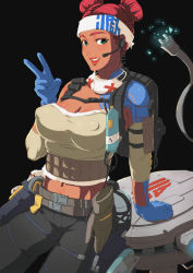 Rule 34 | 1girl, animification, apex legends, belt, black background, black pants, blue gloves, breasts, cleavage, covered erect nipples, dark-skinned female, dark skin, double bun, electric plug, gloves, green eyes, hair bun, headband, headset, highres, holster, honma0220, intravenous drip, large breasts, lifeline (apex legends), looking at viewer, mask, mouth mask, navel, open mouth, pants, red hair, short hair, simple background, sitting, smile, solo, surgical mask, tattoo, v, white headband