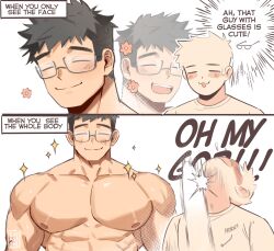Rule 34 | 2boys, 2koma, :3, :d, abs, bara, black hair, blush, comic, english text, glasses, happy aura, heithanoll, highres, implied erection, large pectorals, male focus, multiple boys, muscle awe, muscular, muscular male, nipples, nude, open mouth, original, pectorals, punched, self-harm, short hair, sideburns, smile, sparkle, thick eyebrows, thought bubble, upper body, yaoi