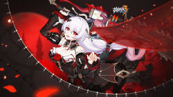Rule 34 | 1girl, bad source, bare shoulders, bat hair ornament, black dress, breasts, chainsaw, detached sleeves, dress, earrings, flower, hair ornament, highres, holding, holding chainsaw, holding weapon, honkai (series), honkai impact 3rd, jewelry, large breasts, logo, long hair, looking at viewer, low ponytail, official art, official wallpaper, open mouth, petals, red eyes, red flower, red petals, red rose, rose, solo, theresa apocalypse, theresa apocalypse (luna kindred), theresa apocalypse (lunar vow: crimson love), upper body, weapon, white hair