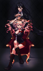 Rule 34 | 1boy, 1girl, arms up, bear hair ornament, black footwear, black hair, black jacket, black neckwear, blonde hair, blue eyes, boots, bow, breasts, chair, cleavage, collarbone, collared shirt, commentary request, cross-laced footwear, danganronpa: trigger happy havoc, danganronpa (series), danganronpa 2: goodbye despair, enoshima junko, formal, grin, hair ornament, highres, jacket, kamukura izuru, knee boots, large breasts, long hair, long sleeves, looking at viewer, miniskirt, necktie, pleated skirt, red bow, red eyes, red skirt, rei (tdn ng), school uniform, shirt, sitting, skirt, smile, twintails, white shirt
