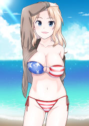 Rule 34 | 1girl, american flag, american flag bikini, bikini, blonde hair, blue eyes, blue sky, breasts, brown jacket, cleavage, cloud, cloudy sky, commentary request, cowboy shot, day, flag print, girls und panzer, gluteal fold, hair intakes, hand on own head, igarashi (igarashi 346), jacket, kay (girls und panzer), large breasts, long hair, long sleeves, looking at viewer, navel, o-ring, o-ring bikini, ocean, off shoulder, open mouth, outdoors, partial commentary, print bikini, side-tie bikini bottom, skindentation, sky, smile, solo, sparkle, standing, strapless, strapless bikini, sunlight, swimsuit