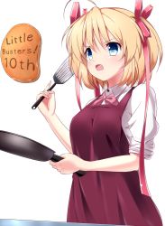 Rule 34 | 1girl, :o, ahoge, anniversary, apron, blonde hair, blue eyes, bow, copyright name, food, frying pan, hair bow, kamikita komari, little busters!, open mouth, pancake, red apron, red bow, shirt, short hair, simple background, solo, spatula, tagame (tagamecat), upper body, white background, white shirt