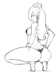 Rule 34 | 1girl, 2017, ass, bikini, blush, crown, dimples of venus, earrings, hands on own hips, jewelry, long hair, looking at viewer, looking back, mario (series), monochrome, nintendo, rosalina, rushzilla, side-tie bikini bottom, sketch, smile, solo, squatting, super mario bros. 1, swimsuit