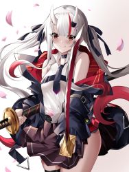 Rule 34 | 1girl, absurdres, bare shoulders, black jacket, black ribbon, black skirt, blush, breasts, closed mouth, commentary request, cowboy shot, dual wielding, fang, hair ribbon, highres, holding, hololive, horns, jacket, katana, long hair, looking at viewer, multicolored hair, nakiri ayame, nakiri ayame (streetwear), necktie, oni, petals, red eyes, red hair, ribbon, shirt, simple background, skin-covered horns, skirt, sleeveless, smile, solo, streaked hair, sword, thigh strap, thighs, twintails, v-shaped eyebrows, virtual youtuber, weapon, white background, white hair, yan lie
