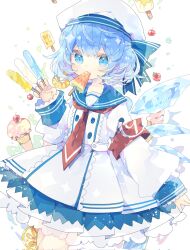 Rule 34 | 1girl, alternate costume, blue eyes, blue hair, blue sailor collar, blush, cirno, corrupted twitter file, detached wings, dress, fairy, food, hair between eyes, hat, highres, holding, holding food, holding popsicle, ice, ice cream, ice wings, long sleeves, nikorashi-ka, popsicle, sailor collar, sailor dress, sailor hat, short hair, solo, touhou, white dress, white hat, wings