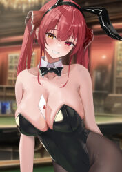 Rule 34 | 1girl, alternate costume, animal ears, armpit crease, bare shoulders, between breasts, black bow, black bowtie, black leotard, blurry, blurry background, blush, bow, bowtie, breasts, brown pantyhose, card, card between breasts, chandelier, cleavage, detached collar, fake animal ears, grin, haro art, heterochromia, highres, hololive, houshou marine, large breasts, leotard, pantyhose, playboy bunny, playing card, rabbit ears, red eyes, red hair, smile, solo, twintails, virtual youtuber, yellow eyes