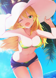 1girl ;d absurdres armpits arms_up bikini bikini_under_clothes blonde_hair blue_sky breasts cleavage collarbone commentary_request day fk green_bikini green_eyes hands_on_headwear hat highres hoshii_miki idolmaster idolmaster_(classic) leaning_forward long_hair medium_breasts navel one_eye_closed open_mouth outdoors palm_tree short_shorts shorts skindentation sky smile solo standing stomach string_bikini sun_hat swimsuit thighs torn_clothes torn_shorts tree wading water white_hat wind