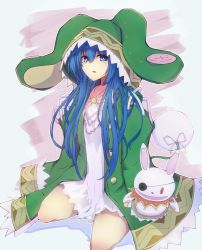 Rule 34 | 1girl, animal hood, blue eyes, blue hair, commentary, date a live, dress, eyepatch, green jacket, hair brush, highres, hood, hooded jacket, jacket, long hair, looking at viewer, open mouth, puppet, solo, white dress, yonaga san, yoshino (date a live), yoshinon