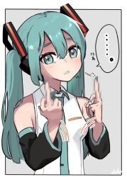 Rule 34 | ..., 1girl, aqua eyes, aqua hair, aqua necktie, bare shoulders, black sleeves, border, censored, commentary, detached sleeves, double middle finger, grey background, hair ornament, hatsune miku, hayato noda, headphones, headset, long hair, looking at viewer, middle finger, mosaic censoring, motion lines, necktie, parted lips, shirt, signature, sleeveless, sleeveless shirt, solo, speech bubble, spoken ellipsis, translated, twintails, upper body, very long hair, vocaloid, white border, white shirt