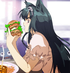 Rule 34 | 1girl, animal ears, black hair, blush, breasts, burger, cat, cat ears, drink, drinking straw, eating, food, french fries, hairband, mamecchi, neko no wakusei, open mouth, original, profile, puffy short sleeves, puffy sleeves, purple eyes, short sleeves, sitting, solo, table