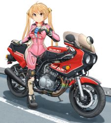 Rule 34 | 1girl, bad id, bad pixiv id, bakuon!!, bell, biker clothes, bikesuit, blonde hair, bodysuit, boots, brown eyes, closed mouth, commentary request, elbow pads, gloves, hair bell, hair ornament, highres, knee pads, logo, long hair, looking at viewer, mikeran (mikelan), motor vehicle, motorcycle, on motorcycle, partial commentary, partially unzipped, pink bodysuit, print shirt, shadow, shirt, simple background, smile, sport bike, suzuki (company), suzuki gs1200ss, suzunoki rin, twintails, v-shaped eyebrows, white background, white footwear, white gloves, white shirt