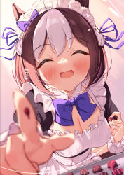 Rule 34 | 1girl, alternate costume, animal ears, blush, breasts, brown hair, chocolate, chocolate on hand, cleavage, closed eyes, commentary request, enmaided, food on hand, hair ornament, highres, horse ears, maid, medium breasts, medium hair, reaching, reaching towards viewer, ribbon, saboten mushi, simple background, smile, solo, special week (umamusume), umamusume, valentine