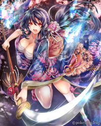 Rule 34 | 1girl, black hair, breasts, budget sarashi, eikou no guardian battle, highres, huge breasts, japanese clothes, long hair, looking at viewer, madogawa, official art, open mouth, polearm, ponytail, red eyes, sarashi, solo, spear, thighhighs, weapon