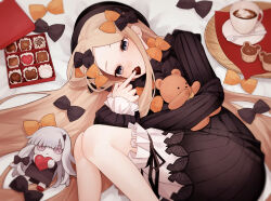 Rule 34 | 1girl, abigail williams (fate), black bow, black dress, black hat, blonde hair, bloomers, blue eyes, blush, bow, box, box of chocolates, breasts, candy, chocolate, chocolate heart, cup, doll, dress, eating, fate/grand order, fate (series), food, forehead, hair bow, hat, heart, highres, lavinia whateley (fate), long hair, long sleeves, looking at viewer, lying, on side, orange bow, parted bangs, ribbed dress, sleeves past fingers, sleeves past wrists, small breasts, solo, stuffed animal, stuffed toy, sumi (gfgf 045), teacup, teddy bear, underwear, valentine, white bloomers