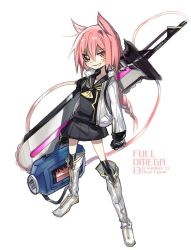 Rule 34 | 1girl, animal ears, bad id, bad twitter id, chainsword, character request, copyright request, jacket, kokaki mumose, ribbon, solo, strap, sword, weapon