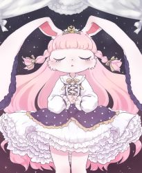 Rule 34 | 1girl, animal ears, body fur, bow, rabbit, commentary request, cowboy shot, dress, closed eyes, frilled dress, frills, furry, furry female, long hair, night, night sky, open mouth, original, pink hair, puffy dress, pyon ko, rabbit ears, rabbit girl, ribbon, sky, solo, star (sky), starry sky
