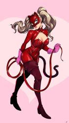 Rule 34 | 1girl, blonde hair, blue eyes, bodysuit, boots, breasts, cat mask, cat tail, cleavage, closed mouth, covered navel, ear piercing, floating hair, full body, gloves, heart, heart background, highres, holding, holding whip, large breasts, long hair, mask, persona, persona 5, piercing, pink background, pink gloves, red bodysuit, red lips, skin tight, solo, tail, takamaki anne, thigh boots, twintails, x84, zipper