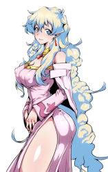 Rule 34 | 1girl, absurdres, ass, bare shoulders, blue eyes, bracelet, breasts, cleavage, dress, earrings, flower-shaped pupils, gggg, highres, jewelry, large breasts, long hair, looking at viewer, multicolored hair, nia teppelin, pink dress, smile, solo, symbol-shaped pupils, tengen toppa gurren lagann, thighs, unusual pupils, very long hair, white background