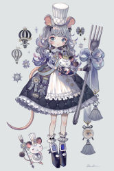 Rule 34 | 1girl, aircraft, animal ears, black dress, black footwear, black gloves, blunt bangs, blush, dress, fork, full body, gloves, grey background, grey eyes, grey hair, grey ribbon, hat, highres, holding, holding fork, hot air balloon, long hair, looking at viewer, mouse ears, mouse girl, mouse tail, original, oversized object, shirosaki london, shoes, simple background, solo, standing, tail, tassel
