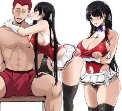 1boy 1girl arms_around_another&#039;s_neck arms_under_breasts black_hair black_thighhighs blush breasts bulge clothing_cutout condom condom_in_clothes condom_packet_strip condom_wrapper ear_licking erection erection_under_clothes female_pubic_hair gloves horikita_suzune hug huge_breasts licking long_hair miniskirt nippleless_clothes nipples open_mouth pubic_hair pussy pussy_juice red_eyes red_hair skirt slutty_outfit stomach_cutout sudou_ken thighhighs thighs tongue tongue_out youkoso_jitsuryoku_shijou_shugi_no_kyoushitsu_e zerogura