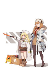 Rule 34 | 2girls, absurdres, baton, belt, black legwear, blonde hair, blue eyes, boots, box, breasts, brooch, brown belt, brown footwear, buckle, cleavage, cleavage cutout, clothing cutout, coat, dinergate (girls&#039; frontline), fingerless gloves, fur hat, fur trim, girls&#039; frontline, gloves, hair between eyes, hammer and sickle, hat, high heels, highres, holster, jacket, jacket on shoulders, jewelry, long hair, long sleeves, looking to the side, mod3 (girls&#039; frontline), mosin-nagant (girls&#039; frontline), mosin-nagant (mod3) (girls&#039; frontline), multiple girls, multiple straps, nagant revolver (girls&#039; frontline), necktie, nemoga, open clothes, open coat, pantyhose, pouch, red eyes, red neckwear, red star, ribbon, shadow, shirt, siblings, side ponytail, sign, sisters, skirt, socks, star (symbol), strap, thigh strap, uniform, ushanka, warning sign, whistle, white hat, white jacket, white shirt