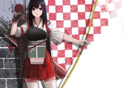 Rule 34 | 10s, 1girl, aircraft carrier, akagi (kancolle), arrow (projectile), black hair, blood, bow (weapon), brown eyes, japanese clothes, kantai collection, kincora, lips, long hair, military, military vehicle, muneate, personification, ship, side ponytail, skirt, solo, thighhighs, warship, watercraft, weapon, white thighhighs