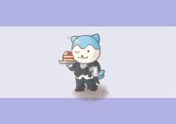 Rule 34 | 1boy, 22donguri, alternate costume, blue fur, butler, cake, feathers, fire emblem, fire emblem engage, food, fruit, holding, holding plate, jacket, multicolored clothes, multicolored jacket, nintendo, one eye closed, plate, solo, sommie (fire emblem), strawberry, two-tone jacket, whipped cream, white feathers