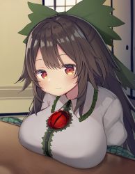 Rule 34 | 1girl, absurdres, black hair, blush, bow, breast rest, breasts, breasts on table, closed mouth, commentary request, green bow, hair bow, highres, kotatsu, large breasts, long hair, looking at viewer, mamemochi, red eyes, reiuji utsuho, shirt, smile, solo, table, third eye, touhou, upper body, white shirt