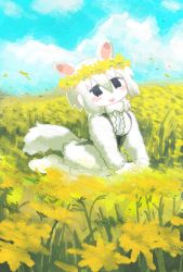 Rule 34 | 10s, 1girl, :d, animal ears, bad id, bad pixiv id, blue sky, blush stickers, cloud, commentary request, day, extra ears, field, flower, flower field, flower wreath, gunzan, highres, kemono friends, open mouth, outdoors, petals, short hair, sitting, sky, smile, solo, southern tamandua (kemono friends), tamandua ears, tamandua tail, white hair