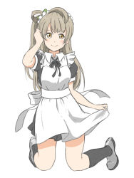 Rule 34 | 1girl, apron, artist name, artist request, black ribbon, blush, bow, brown eyes, brown hair, cafe maid (love live!), dress, female focus, frilled apron, frills, full body, green bow, hair bow, hand in own hair, holding, holding own hair, light brown hair, long hair, looking at viewer, love live!, love live! school idol festival, love live! school idol project, maid, maid apron, maid headdress, minami kotori, neck ribbon, necktie, ribbon, short sleeves, smile, solo, white background, yellow eyes