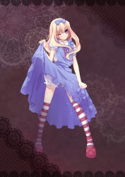 Rule 34 | 1girl, absurdres, alice (alice in wonderland), alice in wonderland, blonde hair, bloomers, blue eyes, blush, bow, clothes lift, dress, dress lift, hair bow, highres, legs, nana mikoto, one eye closed, skindentation, smile, solo, striped clothes, striped thighhighs, thighhighs, underwear, wink