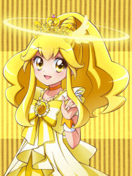 Rule 34 | 10s, 1girl, asahi haru, blonde hair, bow, brooch, choker, cure peace, cure peace (princess form), hair flaps, halo, jewelry, kise yayoi, long hair, magical girl, precure, ribbon, sidelocks, smile, smile precure!, solo, striped, striped background, tiara, vertical stripes, yellow background, yellow bow, yellow eyes, yellow theme