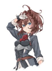 Rule 34 | 1girl, ahoge, arm up, blue eyes, blush, breasts, brown hair, closed mouth, gloves, highres, kantai collection, long sleeves, looking at viewer, sagoromo 04, sheffield (kancolle), short hair, simple background, small breasts, solo, white background