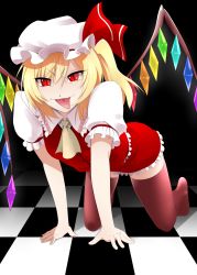Rule 34 | 1girl, all fours, ascot, blonde hair, brown thighhighs, embodiment of scarlet devil, female focus, flandre scarlet, mattari yufi, naughty face, red eyes, shirt, side ponytail, skirt, skirt set, slit pupils, smirk, solo, thighhighs, tile floor, tiles, tongue, tongue out, touhou, wings, zettai ryouiki