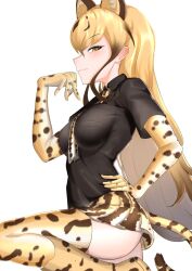 Rule 34 | 1girl, animal ears, animal print, ass, bentmen, between breasts, black shirt, blonde hair, boots, breast pocket, breasts, brown hair, cheetah ears, cheetah girl, cheetah print, cheetah tail, closed mouth, collared shirt, colored inner hair, elbow gloves, extra ears, eyeshadow, from side, gloves, hand on own hip, hand up, highres, impossible clothes, impossible shirt, kemono friends, king cheetah (kemono friends), leg lift, long hair, looking at viewer, makeup, medium breasts, microskirt, multicolored hair, multiple boys, necktie, necktie between breasts, pleated skirt, pocket, print footwear, print gloves, print necktie, print skirt, print thighhighs, shirt, short sleeves, sideways glance, simple background, skirt, solo, tail, thighhighs, very long hair, white background, wing collar, yellow eyes