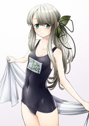 Rule 34 | 1girl, aqua eyes, bare shoulders, blue one-piece swimsuit, blush, breasts, cleavage, closed mouth, clothes writing, cluseller, collarbone, covered navel, cowboy shot, female focus, gradient background, green ribbon, grey background, grey hair, hair ribbon, highres, hinamizawa kurumi, holding, japanese text, light blush, long hair, mole, mole under mouth, one-piece swimsuit, ponytail, pygmalion. (group), ribbon, shiny clothes, sidelocks, simple background, small breasts, solo, standing, swimsuit, towel, translation request, virtual youtuber