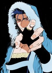 Rule 34 | 1boy, black background, blue hair, capelet, cu chulainn (caster) (fate), cu chulainn (fate), fate/grand order, fate (series), fingerless gloves, fur-trimmed capelet, fur-trimmed hood, fur trim, gloves, grin, hood, hood up, hooded capelet, jewelry, looking at viewer, male focus, maripaka, reaching, reaching towards viewer, red eyes, simple background, slit pupils, smile, solo, third-party source, upper body