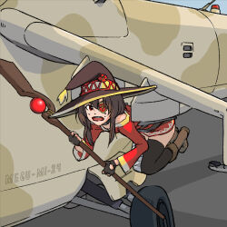 Rule 34 | 1girl, aircraft, bandaged leg, bandages, black choker, black gloves, black hat, black thighhighs, boots, breasts, brown footwear, brown hair, camouflage, character name, choker, commentary, dress, english commentary, eyepatch, fingerless gloves, full body, gloves, hair between eyes, hanging, hat, helicopter, highres, holding, holding staff, knees up, kono subarashii sekai ni shukufuku wo!, landing gear, long sleeves, looking back, megumin, mi-24, military, military vehicle, nervous, open mouth, paperboard, red dress, red eyes, short dress, short hair, short hair with long locks, sidelocks, single thighhigh, small breasts, solo, staff, sweat, sweatdrop, teeth, thighhighs, unconventional weapon, upper teeth only, vehicle name, weapon mount, witch hat
