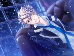 Rule 34 | 1boy, collarbone, couch, emblem, game cg, glass, glasses, indoors, jacket, long sleeves, male focus, open clothes, open jacket, shiranui kazuki, sky, solo, starry sky (game), window