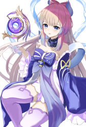 Rule 34 | 1girl, bare shoulders, blue bow, blue eyes, blue hair, bow, bow-shaped hair, breasts, brown hair, cleavage, collarbone, commentary request, dress, everlasting moonglow (genshin impact), feet out of frame, genshin impact, gloves, gradient hair, half gloves, hand up, highres, hydrokinesis, looking at viewer, multicolored hair, natsuki (natukituki), partial commentary, purple thighhighs, sangonomiya kokomi, simple background, small breasts, smile, solo, strapless, strapless dress, thighhighs, water, white background, white dress, white gloves