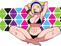 Rule 34 | 1girl, abs, adjusting hair, bad id, bad pixiv id, barefoot, bikini, black bikini, blonde hair, blue eyes, blue mary, blue nails, breasts, cleavage, collarbone, fatal fury, full body, hairband, highres, hohehohe, huge breasts, indian style, nail polish, navel, simple background, sitting, solo, swimsuit, the king of fighters, toned