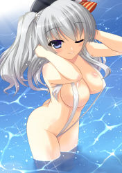 Rule 34 | 10s, 1girl, ;), areola slip, bad id, bad pixiv id, blue eyes, blush, breasts, cleavage, female focus, hat, highres, kantai collection, kashima (kancolle), large breasts, long hair, looking at viewer, navel, one eye closed, partially submerged, silver hair, slingshot swimsuit, smile, solo, standing, subaru (794829485), swimsuit, twintails, wading, water
