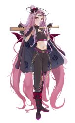 Rule 34 | 1girl, absurdly long hair, absurdres, asymmetrical footwear, bandaged arm, bandages, baseball bat, belt, black bow, black footwear, black gloves, black jacket, black pants, blush, bow, breasts, blowing bubbles, chain, chewing gum, cleavage, cleavage cutout, clothing cutout, delinquent, demon wings, floral print, flower, footwear bow, full body, gloves, hair bow, hair bun, hair flowing over, halo, hashtag-only commentary, highres, holding, holding baseball bat, jacket, jacket on shoulders, kaera, linea alba, long hair, looking at viewer, midriff, multicolored hair, navel, nijisanji, nijisanji en, pants, pink belt, pink hair, red bow, red eyes, red flower, red rose, red wings, rose, rose print, rosemi lovelock, rosemi lovelock (4th costume), simple background, small breasts, solo, streaked hair, sukeban, thorns, torn clothes, torn pants, very long hair, white background, wings