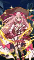 Rule 34 | 10s, 1girl, :d, absurdly long hair, bow, brown umbrella, building, choker, fang, flat chest, floating hair, frilled umbrella, frills, garter straps, gothic lolita, hair between eyes, hair bow, headdress, holding, holding umbrella, krul tepes, lolita fashion, long hair, night, open mouth, outdoors, owari no seraph, pink hair, red bow, red eyes, ruins, smile, solo, striped clothes, striped thighhighs, thighhighs, umbrella, vertical-striped clothes, vertical-striped thighhighs, very long hair