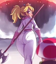 Rule 34 | 1girl, absurdres, ass, axe, battle axe, biker peach, blonde hair, blue eyes, blurry, blurry background, bodysuit, crown, from behind, gloves, halberd, highres, holding, holding polearm, holding weapon, looking at viewer, looking back, looking down, mario (series), nintendo, orpice kun, pink gloves, pink scarf, polearm, ponytail, princess peach, scarf, the super mario bros. movie, toad (mario), weapon, white bodysuit