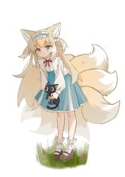 Rule 34 | 1girl, absurdres, alternate costume, alternate hairstyle, animal, animal ears, ankle cuffs, arknights, black cat, blonde hair, blue dress, blue hairband, blush, brown footwear, cat, dress, fox ears, fox girl, fox tail, frilled hairband, frills, full body, grass, green eyes, hair down, hairband, highres, holding, holding animal, holding cat, kitsune, long hair, long sleeves, looking at viewer, luo xiaohei zhanji, multicolored hair, multiple tails, neck ribbon, red ribbon, ribbon, shoes, simple background, smile, solo, standing, streaked hair, suzuran (arknights), suzuran (praise spring) (arknights), suzuran (spring praise) (arknights), tachi-e, tail, white background, white hair, yurugongku